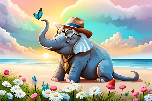 Adorable cartoon elephant rocking specs and a hat, chilling on a beach…